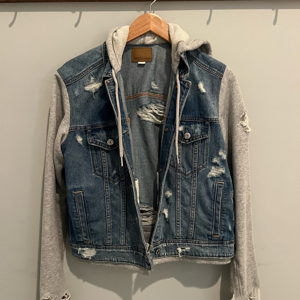 AE Distressed Hooded Jean Jacket